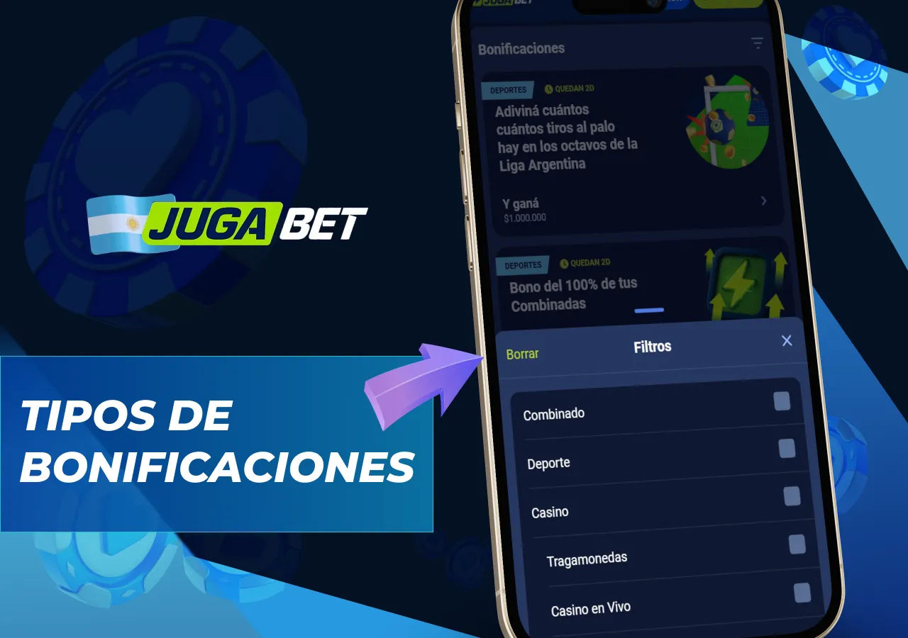 Tipos de bonos ofrecidos por Jugabet, incluidos los bonos sin depósito y de bienvenida.